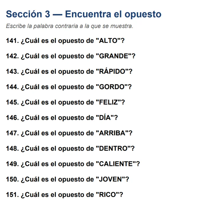 Ejercicio de lenguaje: escribe el opuesto de cada palabra