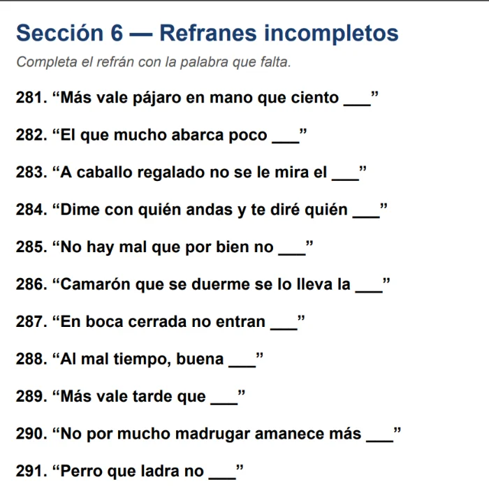 Refranes incompletos para completar con la palabra que falta