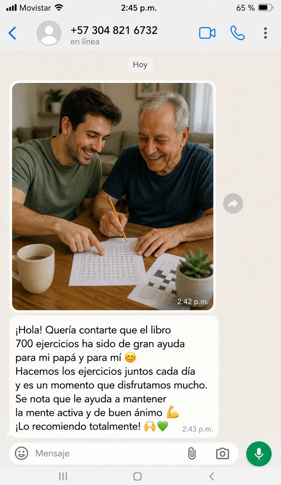 Mensaje de un hijo que hace los ejercicios cada día junto a su papá