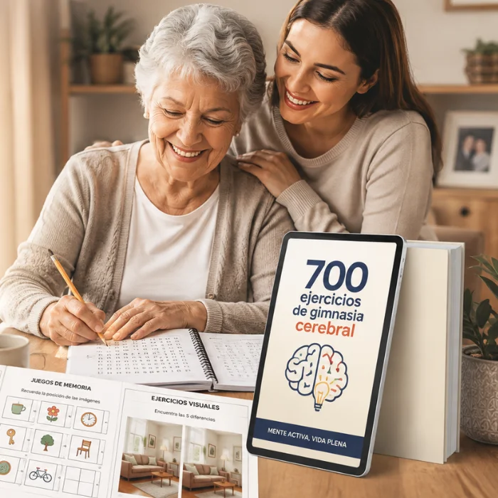 Mujer mayor resolviendo ejercicios de gimnasia cerebral acompañada por su hija, junto al cuaderno 700 Ejercicios de Gimnasia Cerebral