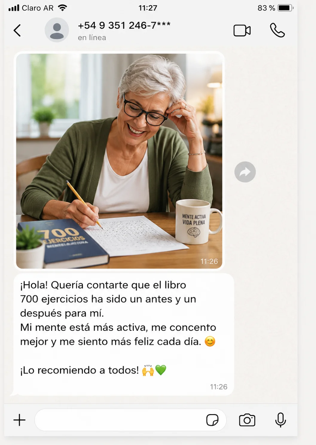 Mensaje de una clienta contando que el libro de 700 ejercicios la ayudó a estar más activa