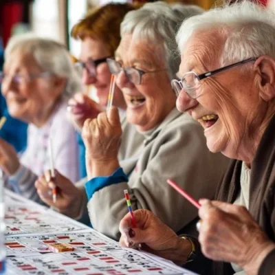 Grupo de personas mayores resolviendo pasatiempos juntos