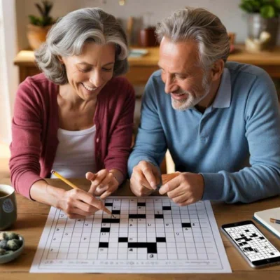 Pareja resolviendo un crucigrama en casa