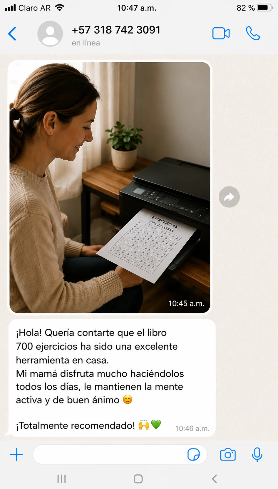 Mensaje de una clienta que imprime los ejercicios en casa para su mamá