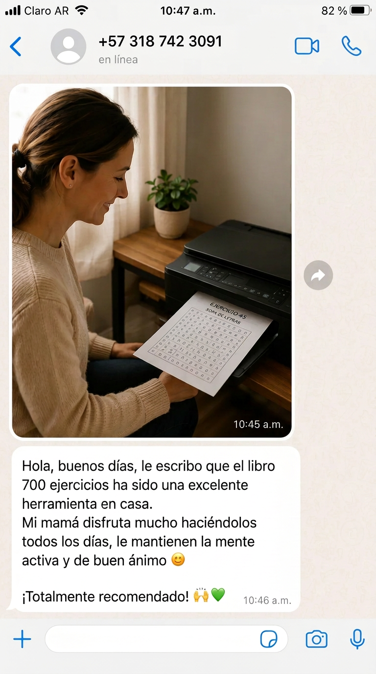 Mensaje de una clienta que imprime los ejercicios en casa para su mamá